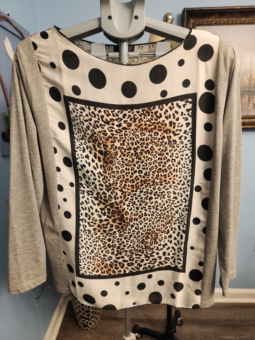 VENUS Grey Long Sleeve Top with Polka Dot Border & Leopard Panel